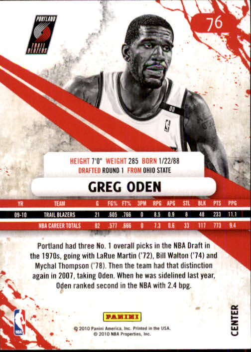 2010-11 Rookies and Stars #76 Greg Oden back image