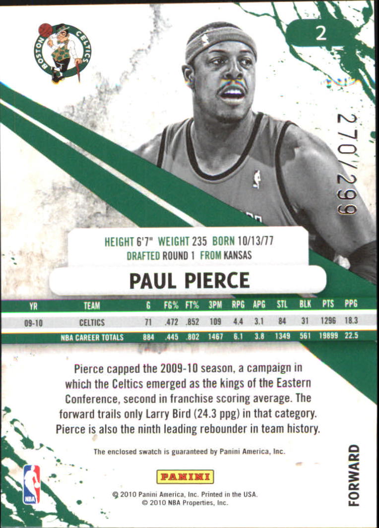 2010-11 Rookies and Stars Gold Materials #2 Paul Pierce/299 back image