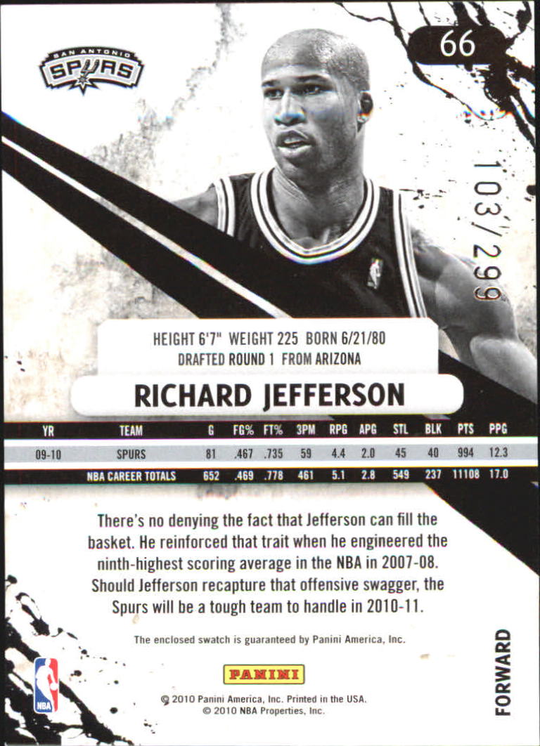 2010-11 Rookies and Stars Gold Materials #66 Richard Jefferson/299 back image