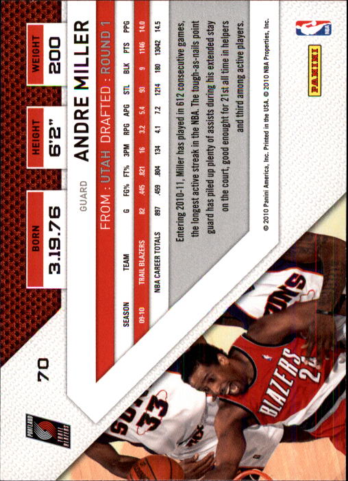 2010-11 Panini Threads #70 Andre Miller back image