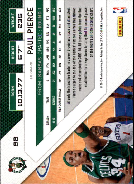 2010-11 Panini Threads #92 Paul Pierce back image