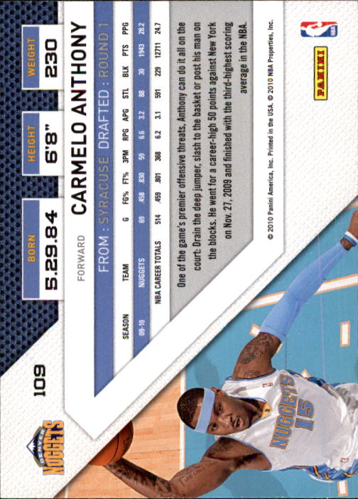 2010-11 Panini Threads #109 Carmelo Anthony back image