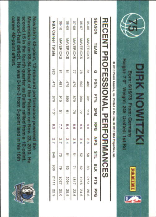 2010-11 Donruss #75 Dirk Nowitzki back image