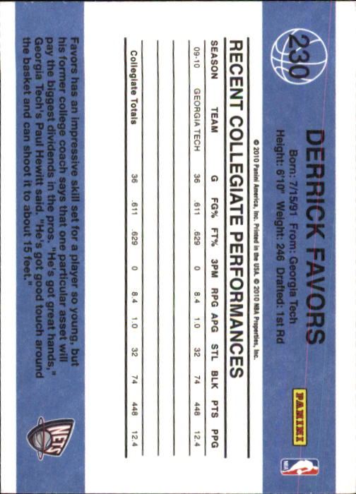 2010-11 Donruss #230 Derrick Favors RC back image