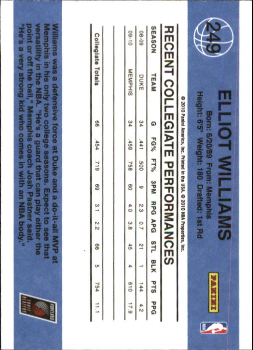 2010-11 Donruss #249 Elliot Williams RC back image