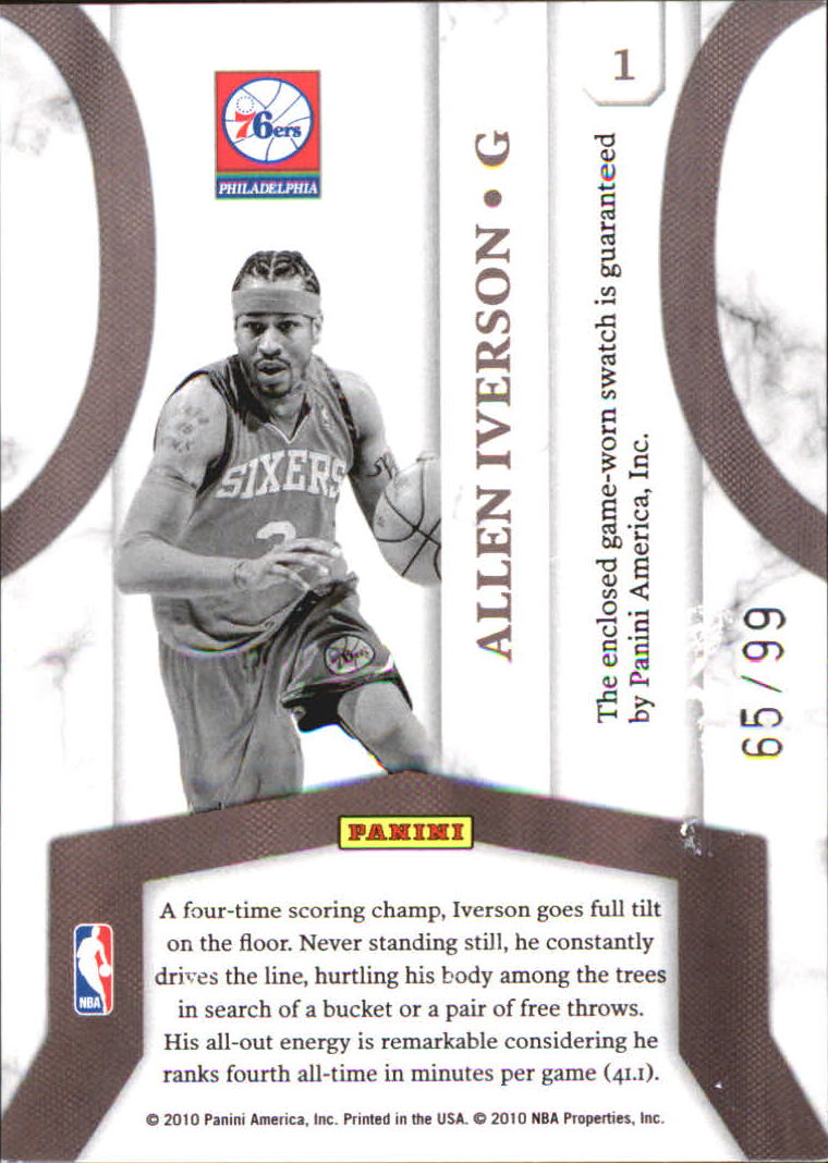 2010-11 Donruss Jersey Kings Materials #1 Allen Iverson/99 back image