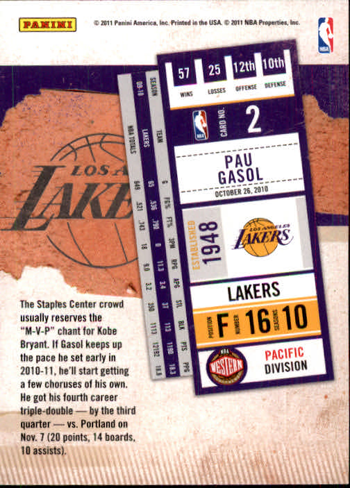 2010-11 Playoff Contenders Patches #2 Pau Gasol back image
