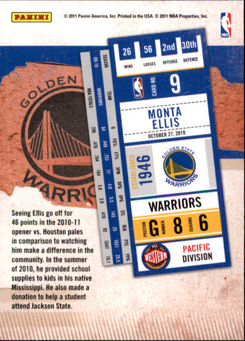 2010-11 Playoff Contenders Patches #9 Monta Ellis back image
