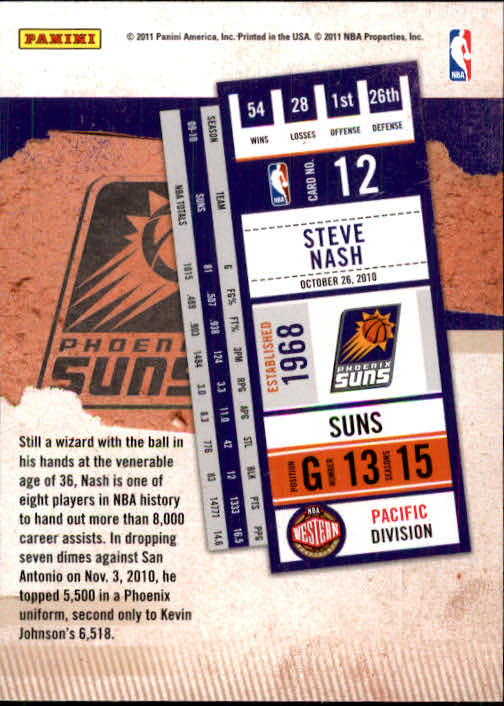 2010-11 Playoff Contenders Patches #12 Steve Nash back image