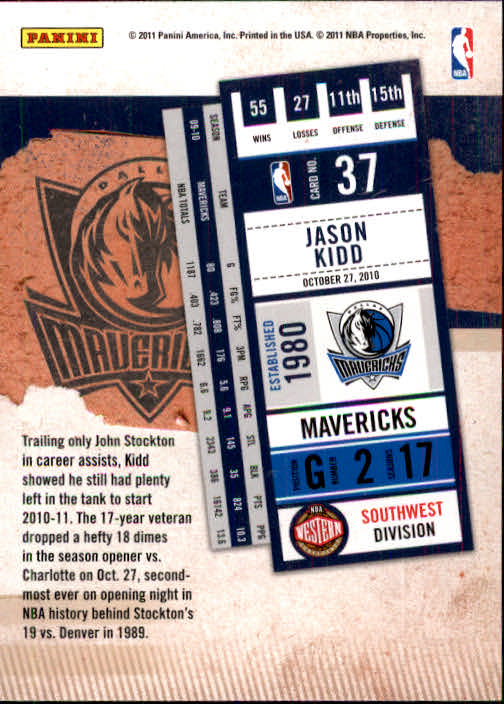 2010-11 Playoff Contenders Patches #37 Jason Kidd back image