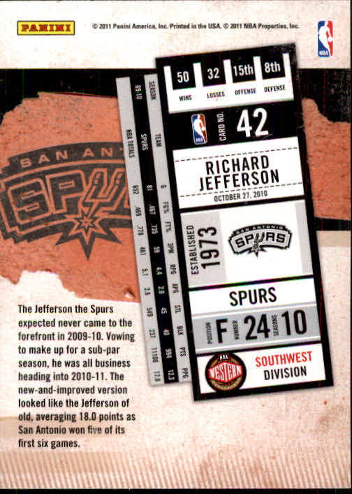 2010-11 Playoff Contenders Patches #42 Richard Jefferson back image