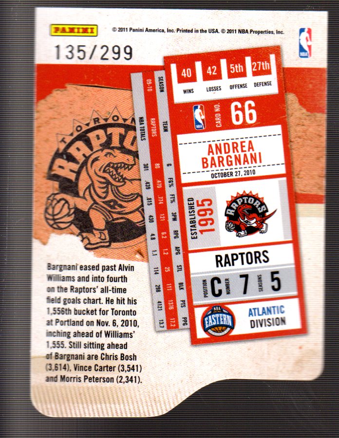 2010-11 Playoff Contenders Patches Die Cuts Silver #66 Andrea Bargnani back image