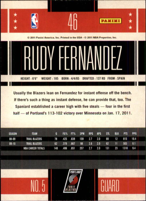 2010-11 Classics #46 Rudy Fernandez back image