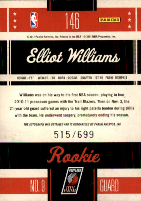 2010-11 Classics #146 Elliot Williams/699 AU RC back image