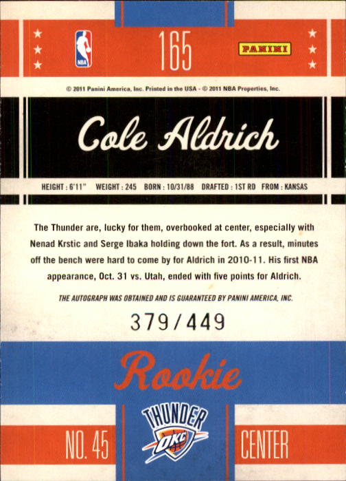 2010-11 Classics #165 Cole Aldrich/449 AU RC back image