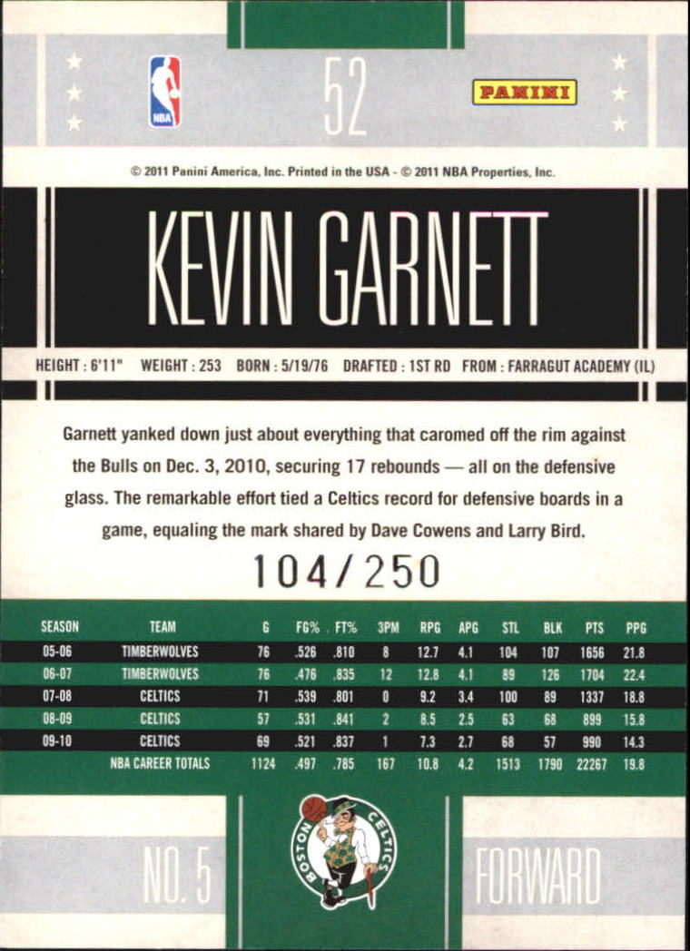 2010-11 Classics Timeless Tributes Silver #52 Kevin Garnett back image