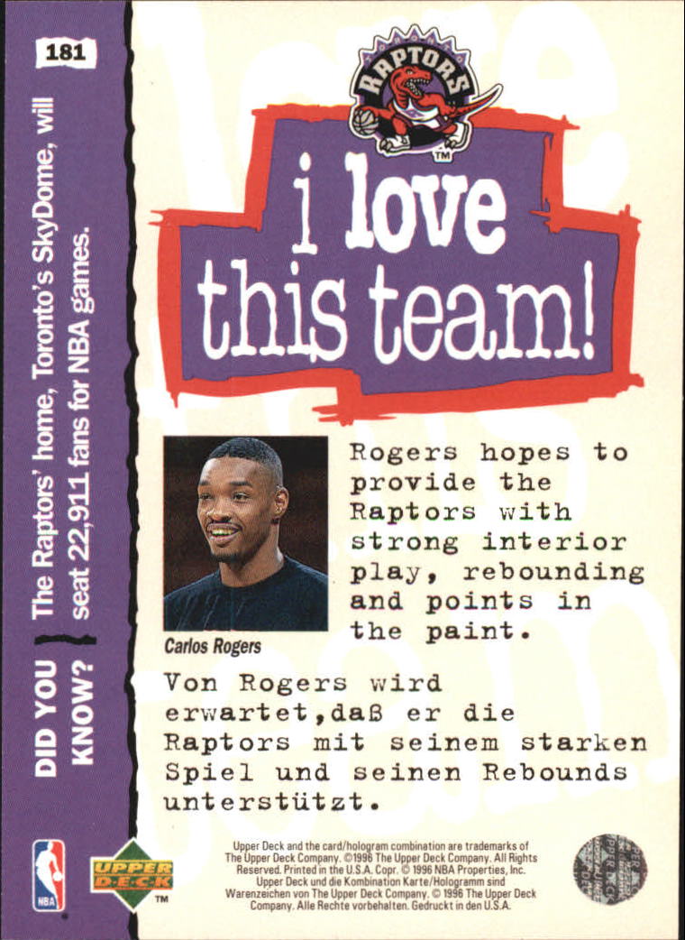 1995-96 Collector's Choice International German II #181 Carlos Rogers LOVE back image