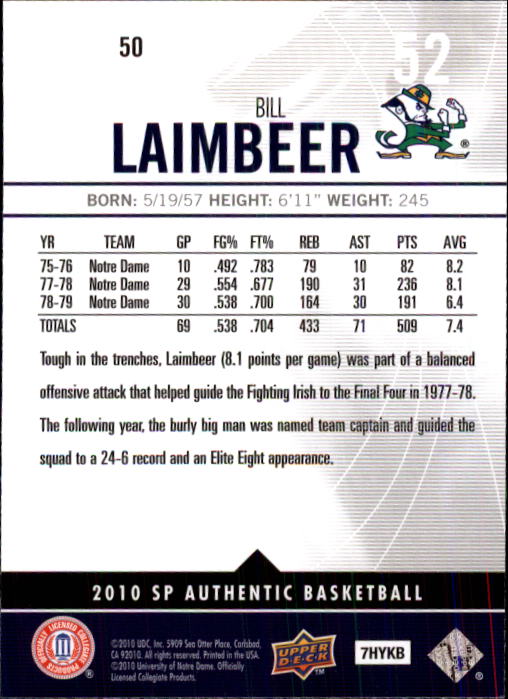 2010-11 SP Authentic #50 Bill Laimbeer back image