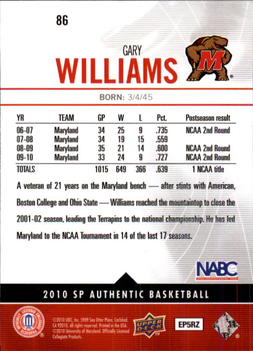 2010-11 SP Authentic #86 Gary Williams back image