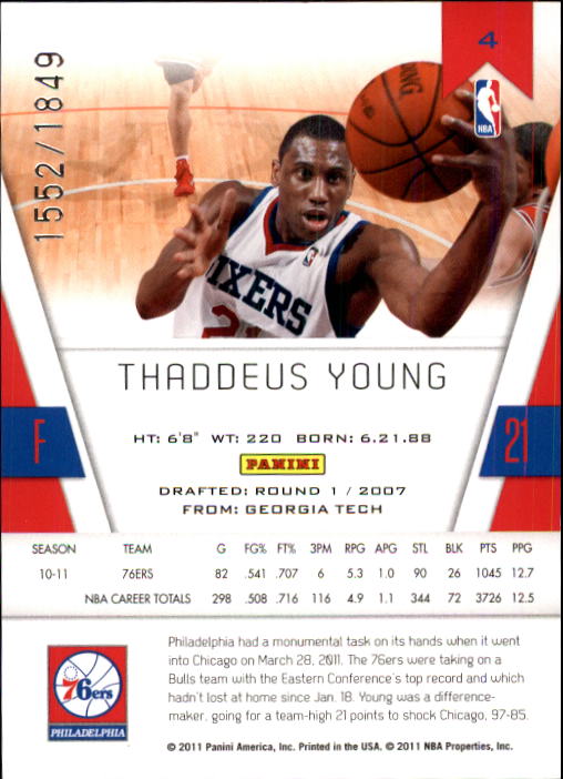 2010-11 Totally Certified #4 Thaddeus Young back image