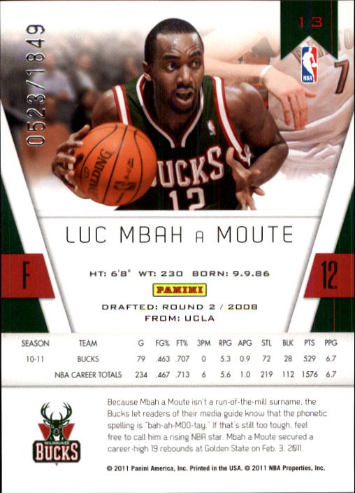 2010-11 Totally Certified #13 Luc Mbah a Moute back image