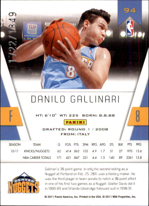 2010-11 Totally Certified #94 Danilo Gallinari back image
