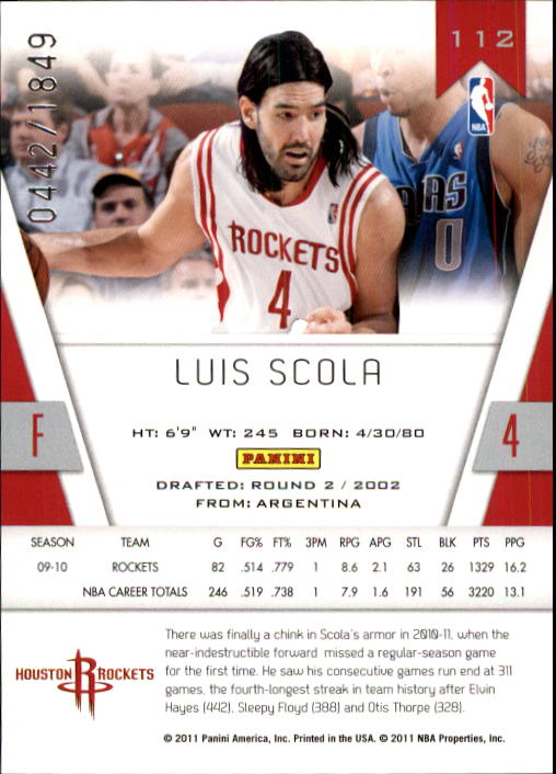 2010-11 Totally Certified #112 Luis Scola back image