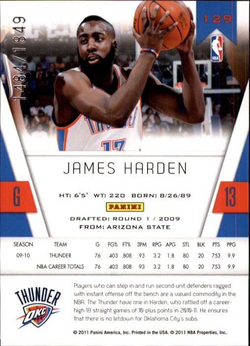 2010-11 Totally Certified #129 James Harden back image