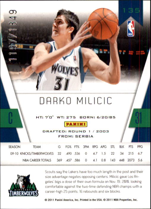 2010-11 Totally Certified #135 Darko Milicic back image
