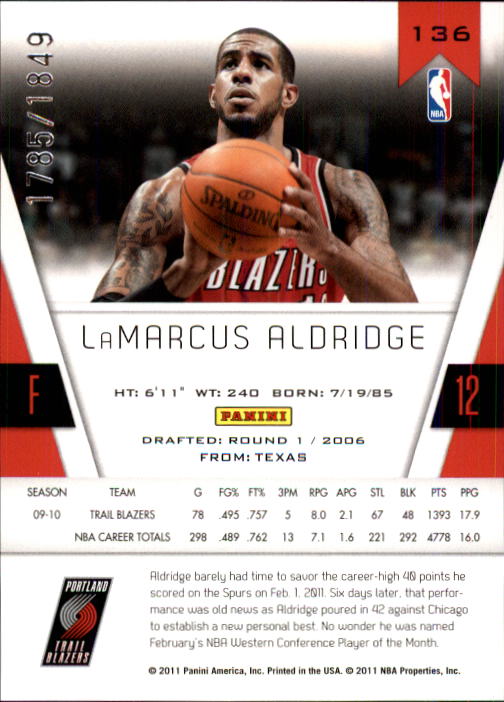 2010-11 Totally Certified #136 LaMarcus Aldridge back image