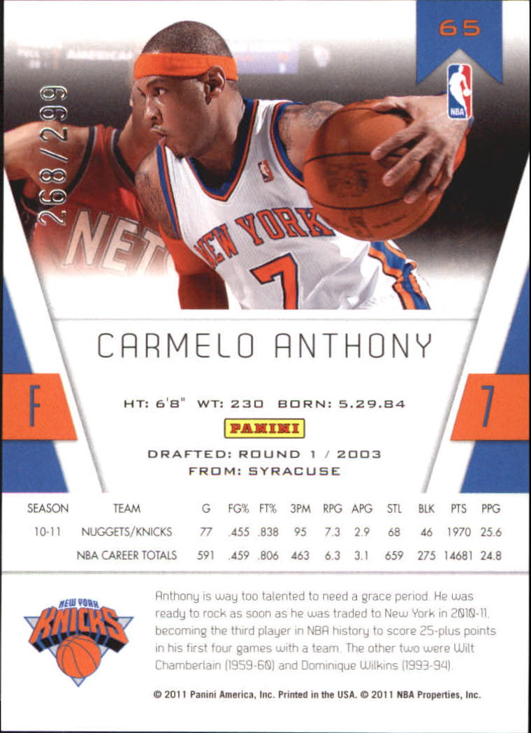 2010-11 Totally Certified Blue #65 Carmelo Anthony back image