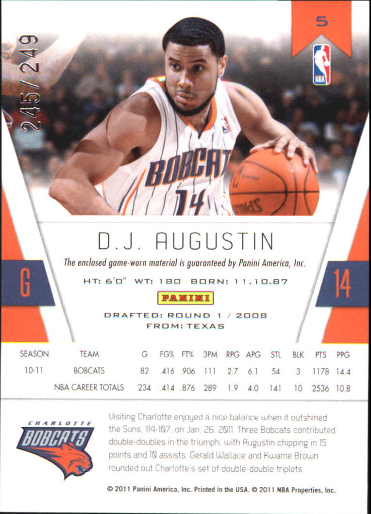 2010-11 Totally Certified Red Materials #5 D.J. Augustin/249 back image
