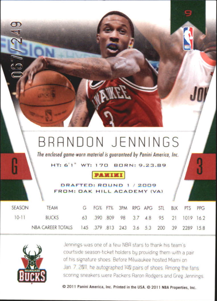 2010-11 Totally Certified Red Materials #9 Brandon Jennings/249 back image