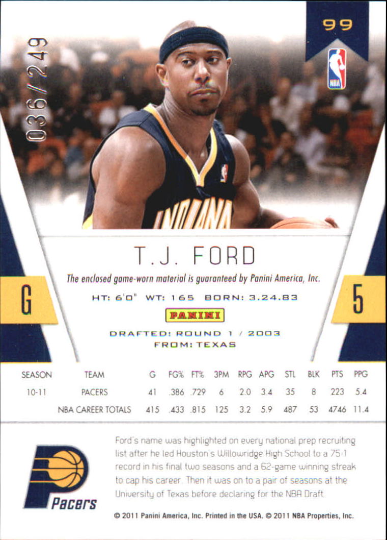 2010-11 Totally Certified Red Materials #99 T.J. Ford/249 back image