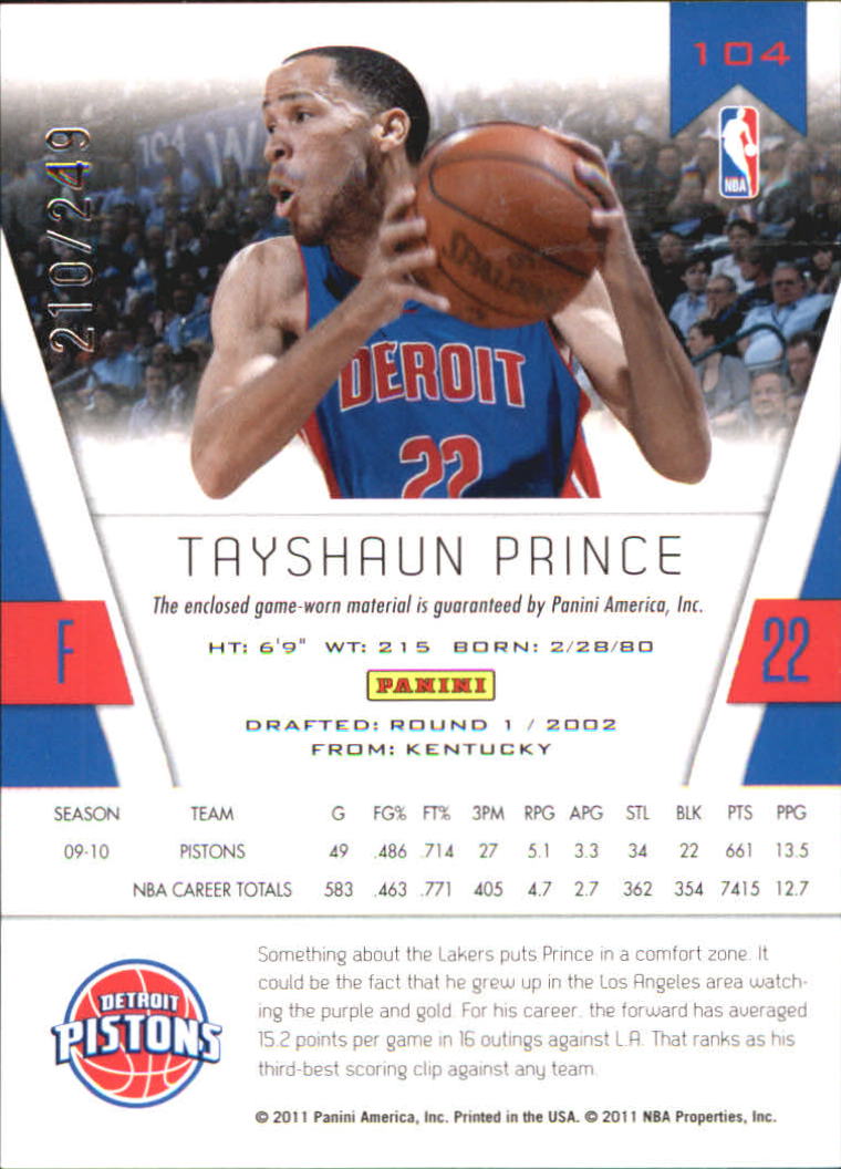 2010-11 Totally Certified Red Materials #104 Tayshaun Prince/249 back image