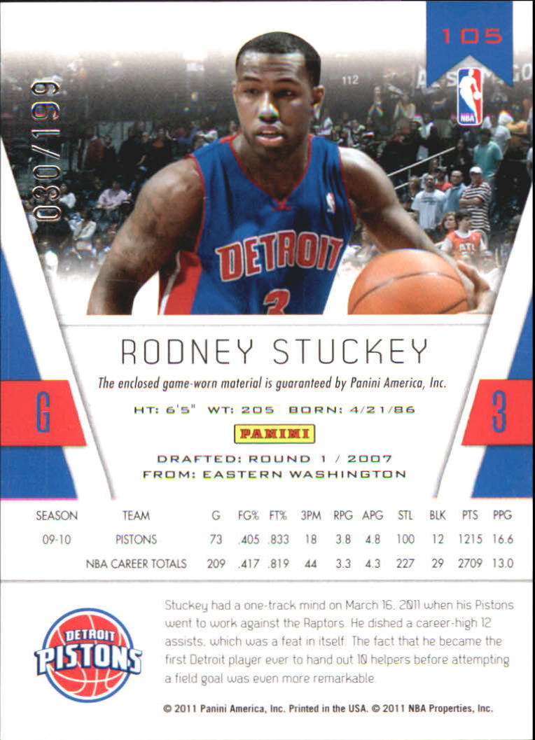 2010-11 Totally Certified Red Materials #105 Rodney Stuckey/199 back image
