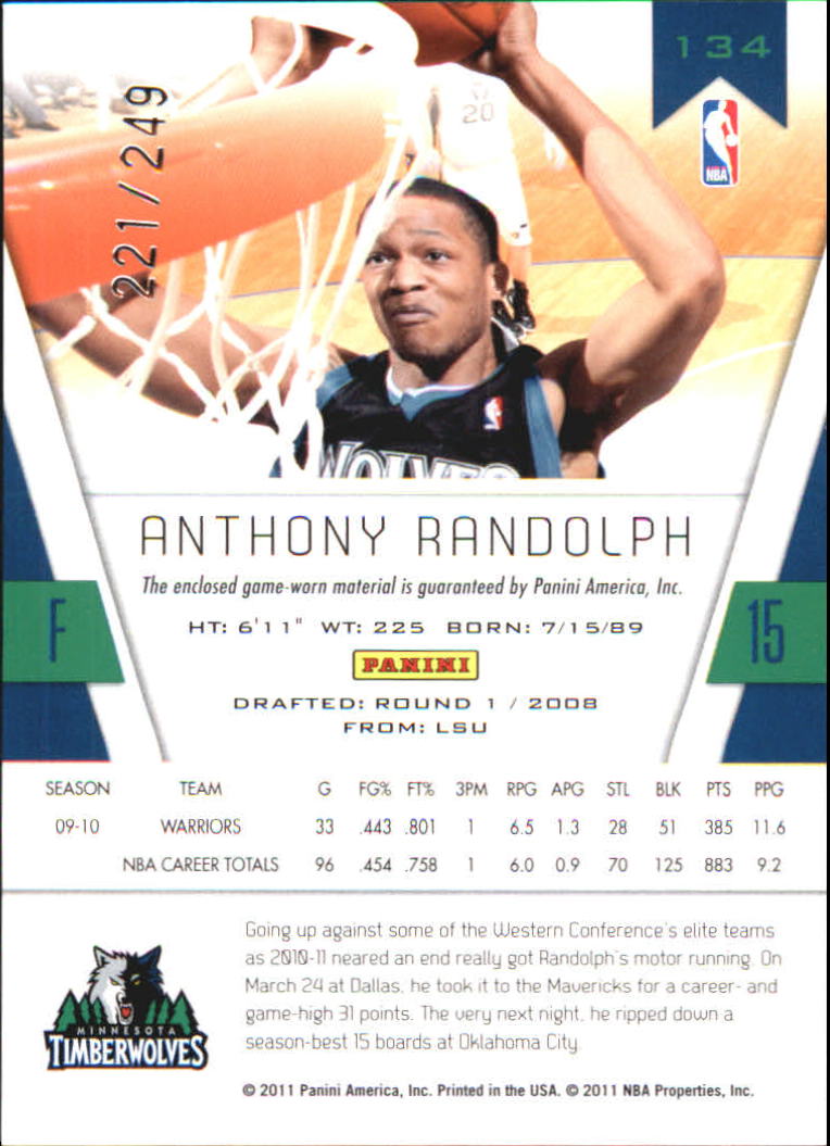 2010-11 Totally Certified Red Materials #134 Anthony Randolph/249 back image