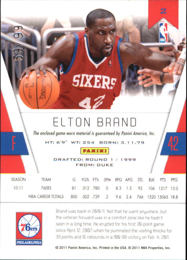 2010-11 Totally Certified Blue Materials #2 Elton Brand/99 back image