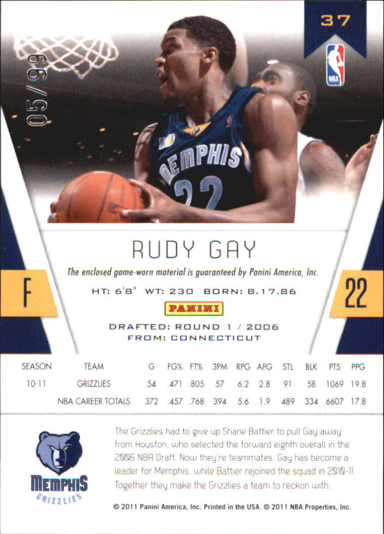 2010-11 Totally Certified Blue Materials #37 Rudy Gay/99 back image