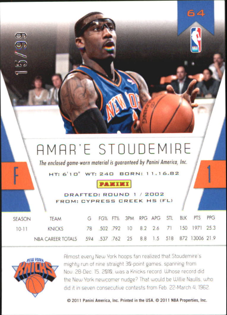 2010-11 Totally Certified Blue Materials #64 Amare Stoudemire/99 back image