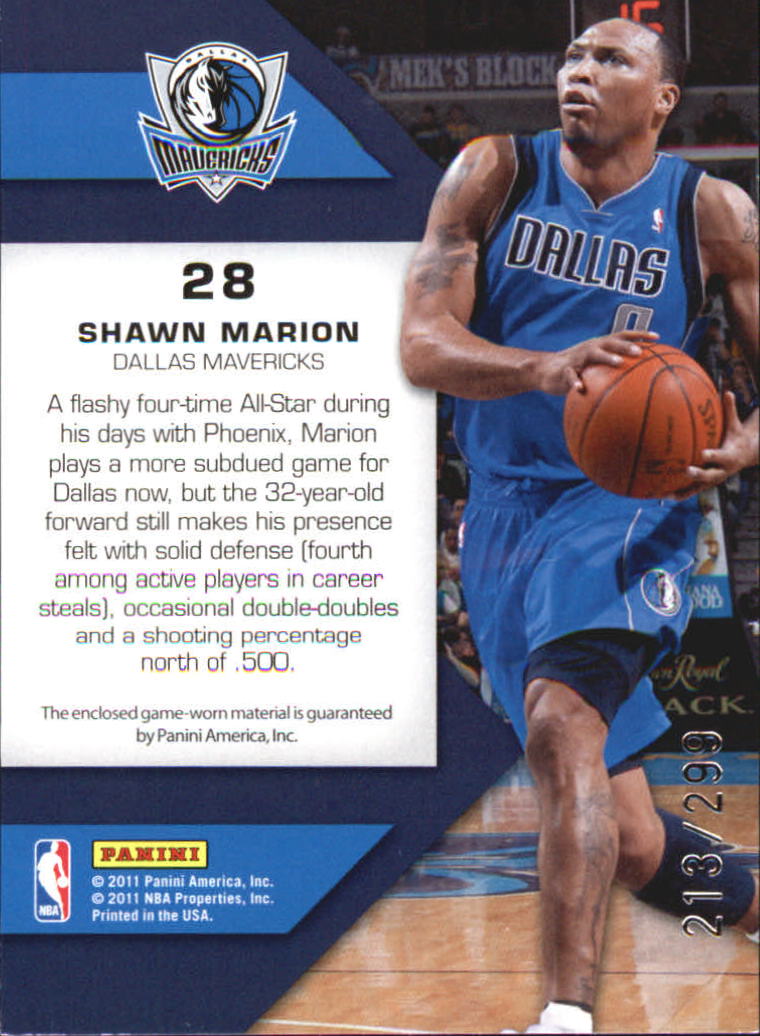 2010-11 Totally Certified Fabric of the Game Jumbo Jersey Number #28 Shawn Marion/299 back image