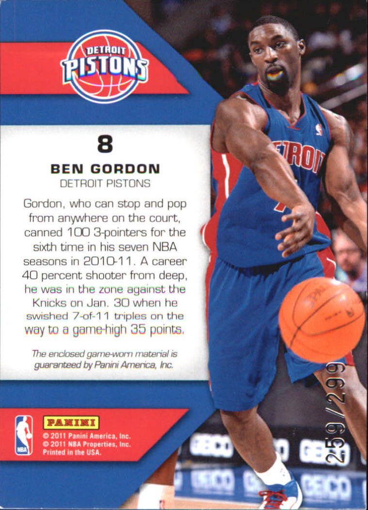 2010-11 Totally Certified Fabric of the Game Jumbo Team #8 Ben Gordon/299