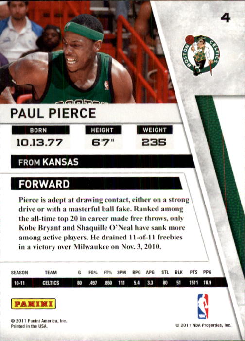 2010-11 Panini Season Update #4 Paul Pierce back image