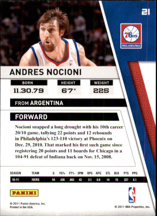 2010-11 Panini Season Update #21 Andres Nocioni back image