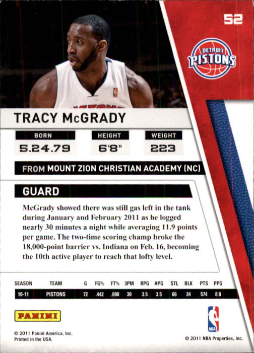 2010-11 Panini Season Update #52 Tracy McGrady back image