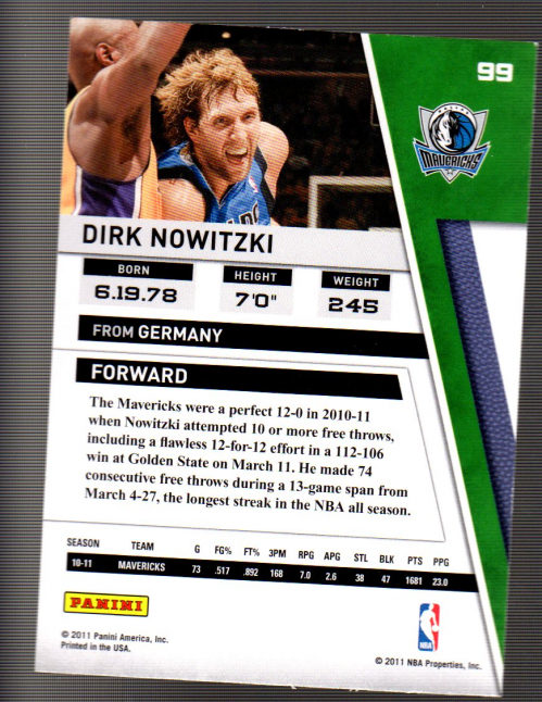 2010-11 Panini Season Update #99 Dirk Nowitzki back image