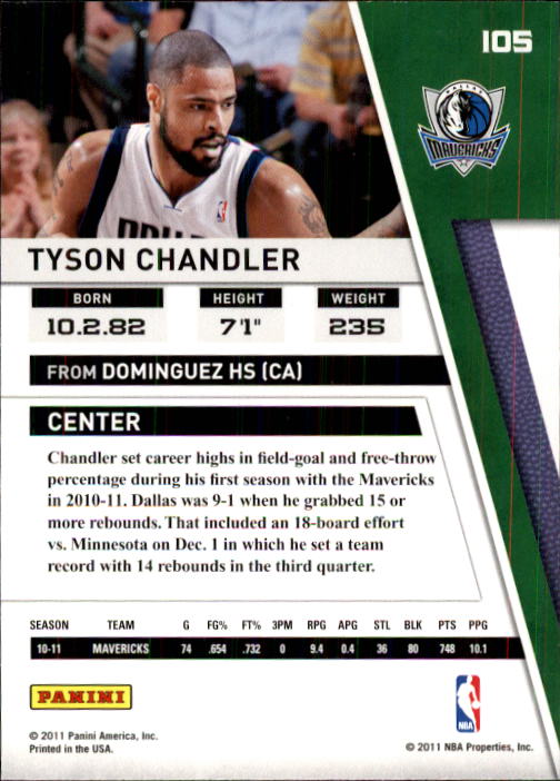 2010-11 Panini Season Update #105 Tyson Chandler back image