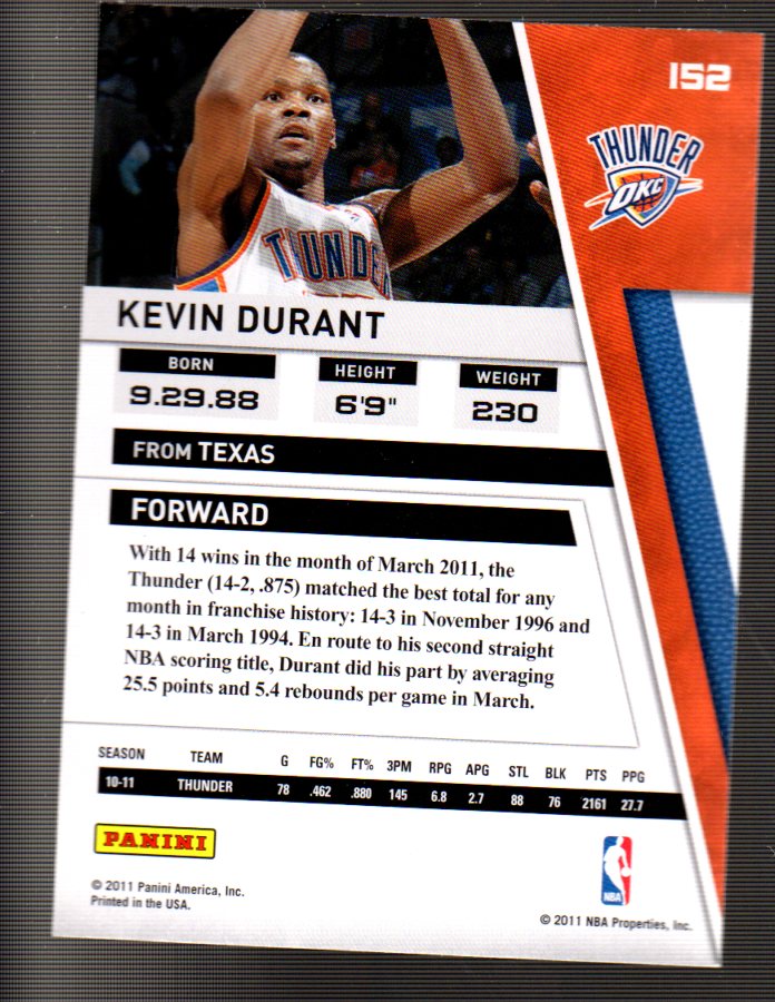 2010-11 Panini Season Update #152 Kevin Durant back image