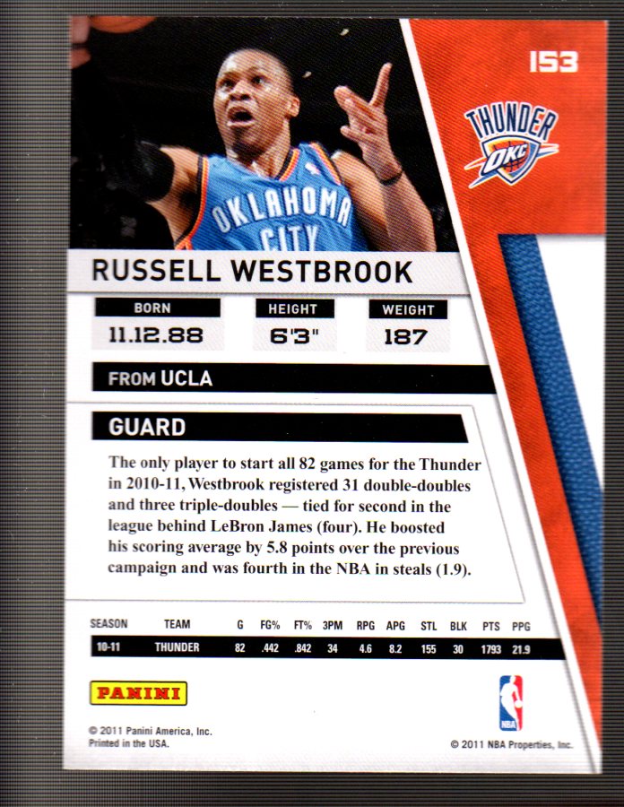 2010-11 Panini Season Update #153 Russell Westbrook back image