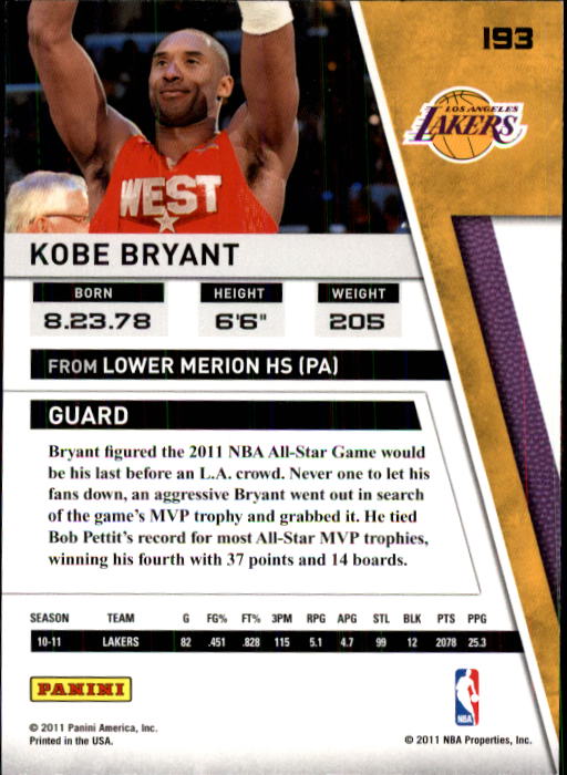 2010-11 Panini Season Update #193 Kobe Bryant back image